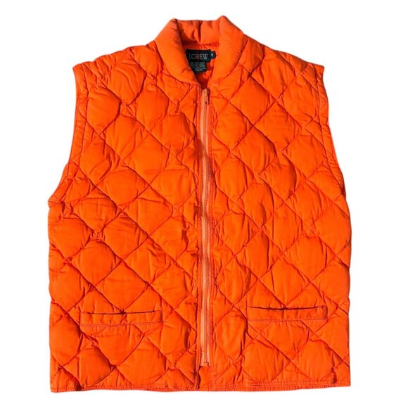 VTG 90s J CREW Quilted Duck Down Vest Gorpcore Neon Bright Hunter Orange Hunt M - Picture 1 of 5